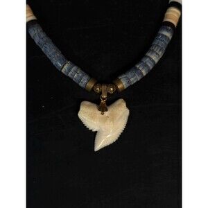 Vintage Blue Coral Shell Heishi Shark Tooth Pendant Necklace